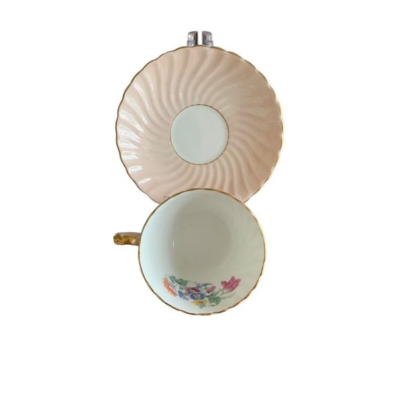 AYNSLEY ENGLAND PASTEL LIGHT PINK SWIRL TEA CUP SAUCER SET FLORAL GOLD RIM #1 Gd - Picture 2 of 13
